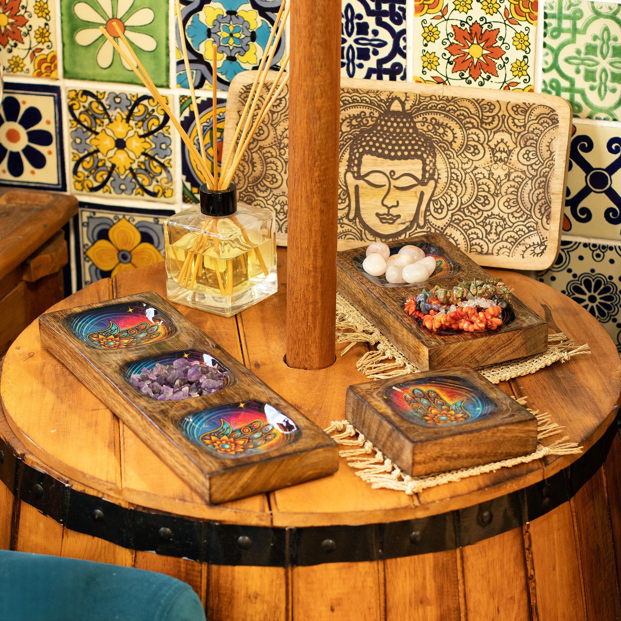 Med Enamelled Mango Tray Set - Hamsa