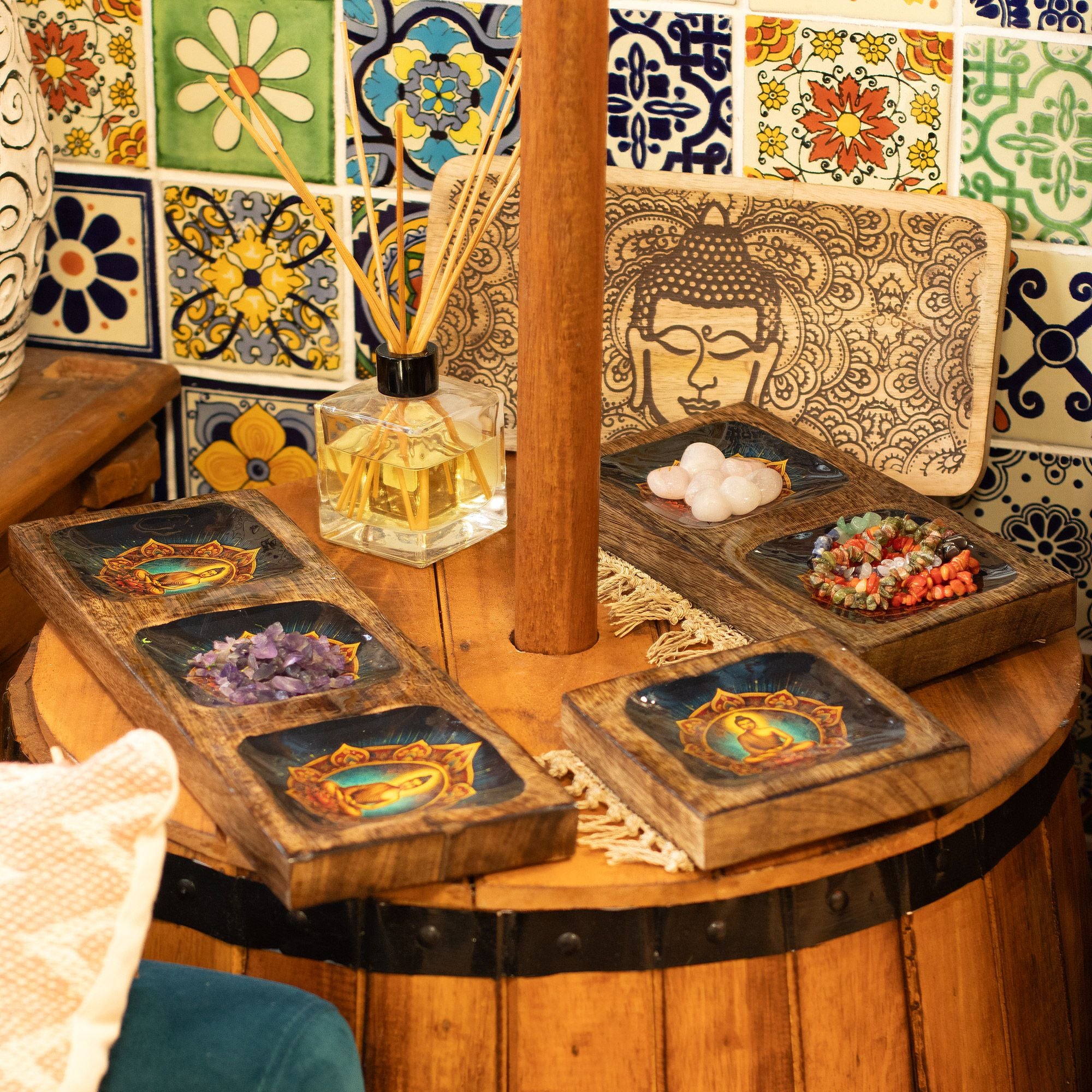 Lrg Enamelled Mango Tray Set - Buddha